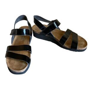Naot Black Patent Leather Kayla Sandal Wedge Sandals Strappy 5 36